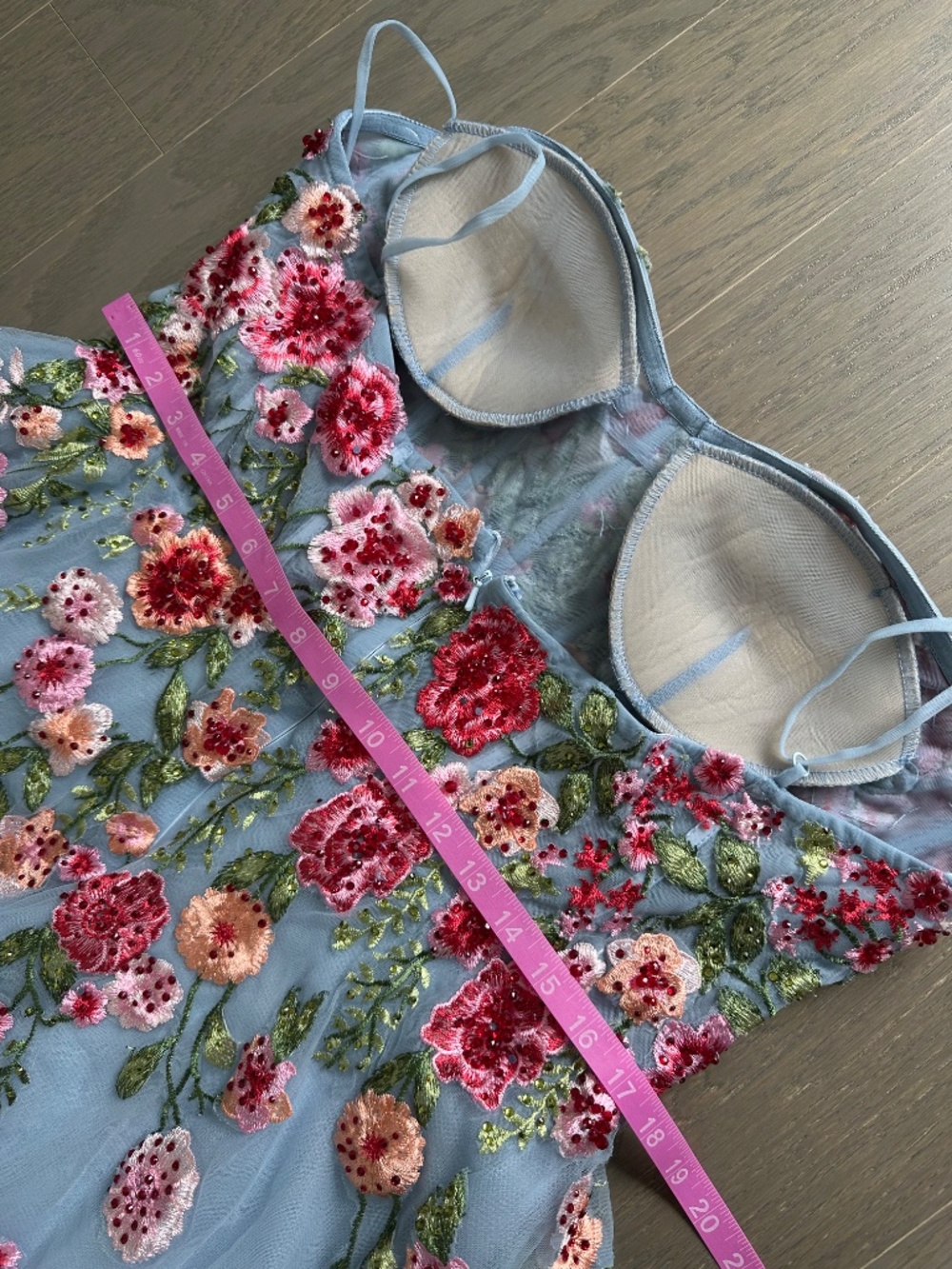 Ieena for Mac Duggal Powder Blue Tulle Midi Dress Embroidered Roses Bustier - 14 - Picture 10 of 11